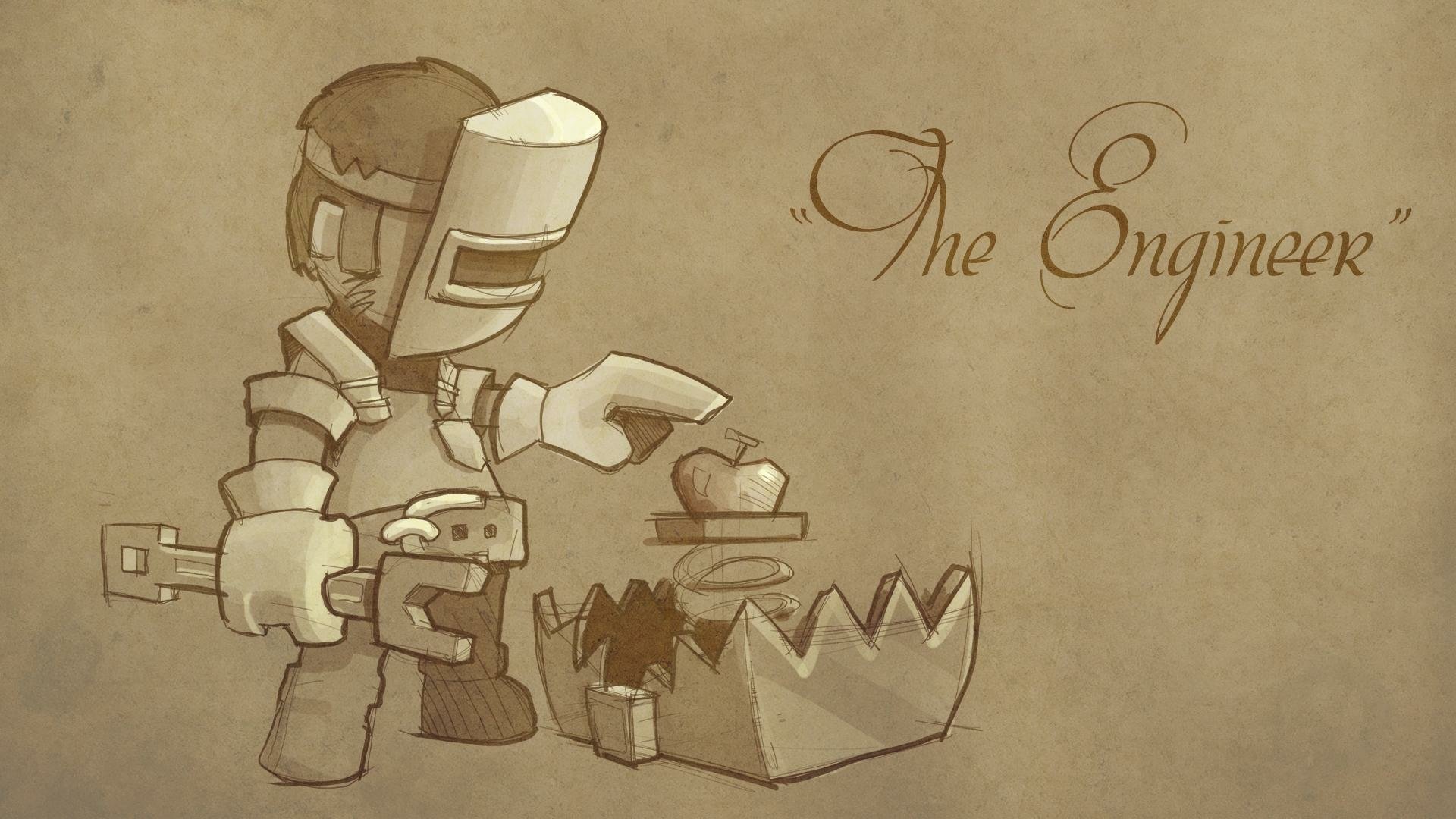 HD desktop wallpaper of a Stonehearth character titled The Engineer, featuring an animated engineer inspecting an apple next to a bear trap.