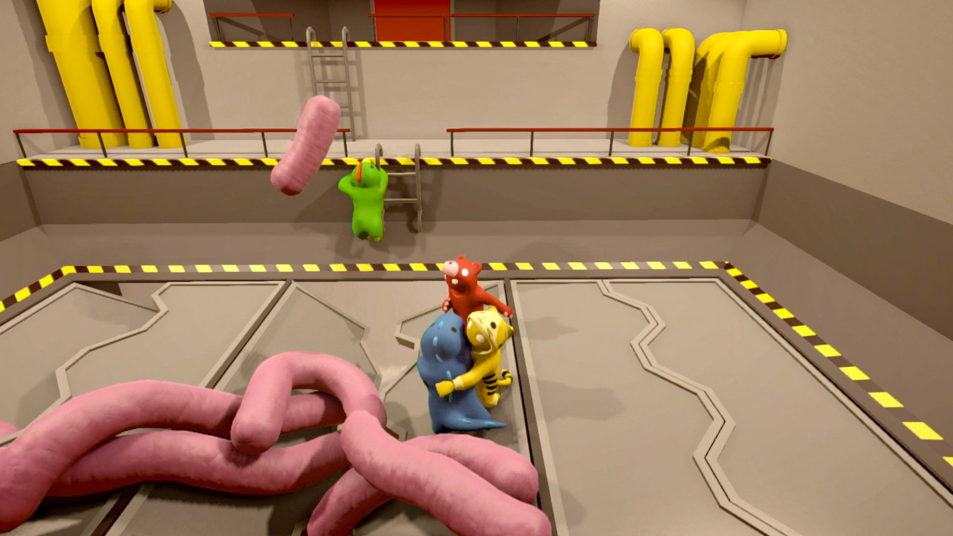 HD desktop wallpaper featuring characters from the game Gang Beasts, engaging in a playful fight in an industrial setting.