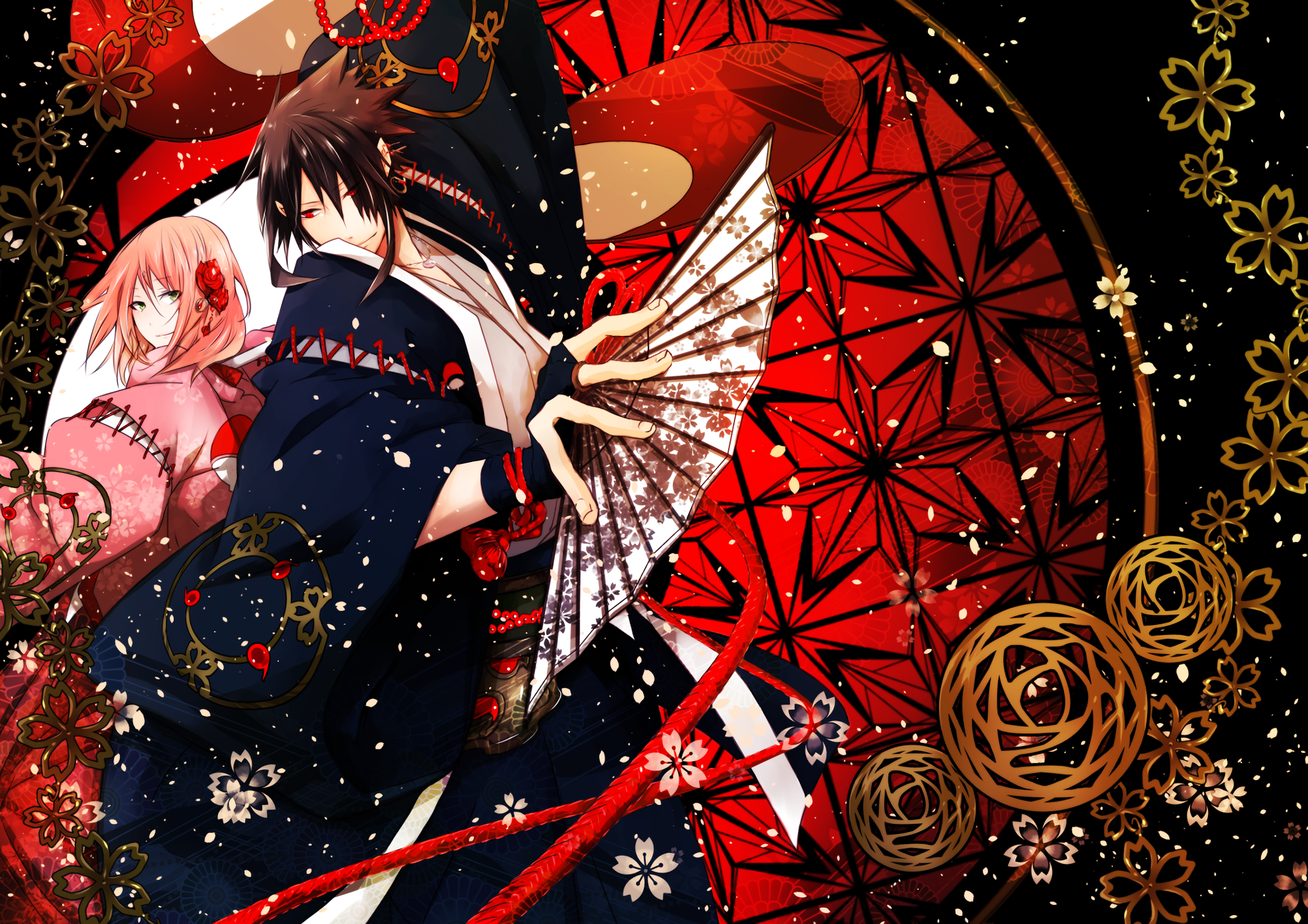 Sasuke Uchiha and Sakura Haruno from the anime Naruto are featured in this vibrant HD wallpaper, surrounded by intricate floral patterns and rich colors.