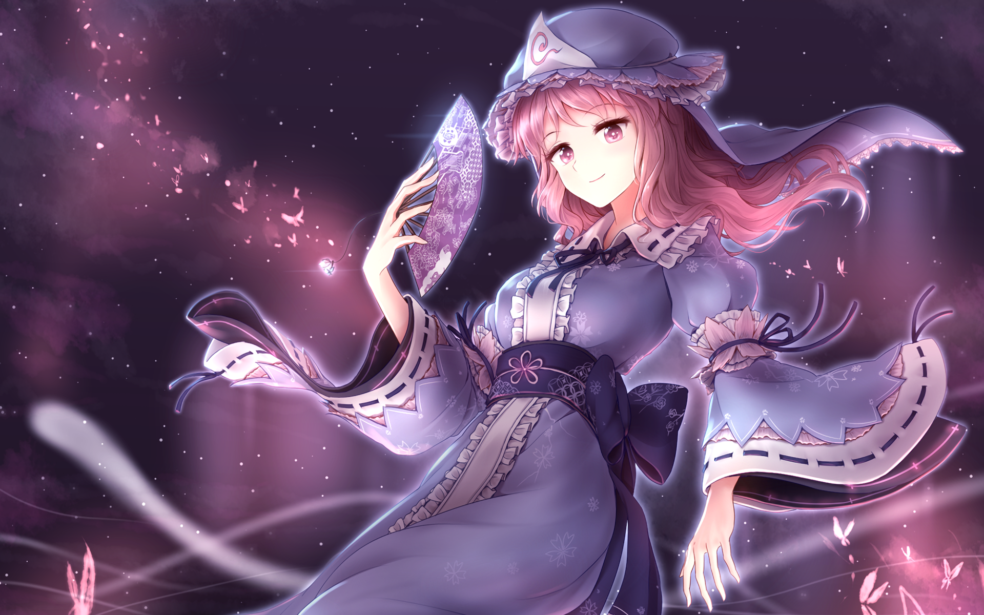 HD PC desktop wallpaper featuring Yuyuko Saigyouji from the Touhou anime series, surrounded by a mystical, glowing purple aura and cherry blossom petals.