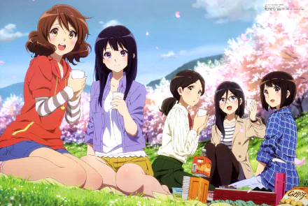 An HD desktop wallpaper featuring anime characters Asuka Tanaka, Kumiko Oumae, Haruka Ogasawara, Kaori Nakaseko, and Reina Kousaka from Sound! Euphonium, enjoying a picnic with cherry blossoms in the background.