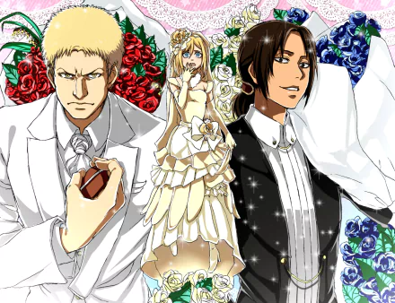HD desktop wallpaper featuring Reiner Braun, Ymir, and Historia Reiss from Attack on Titan, dressed in formal attire against a background of red and blue roses.