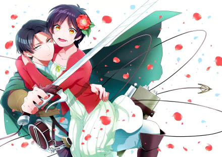 HD PC desktop wallpaper of Attack on Titan anime: Levi Ackerman embraces Eren Yeager amid falling petals, blades and ODM gear, bright floral colors and dynamic motion.
