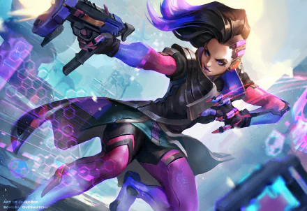 HD desktop wallpaper featuring Sombra from the video game Overwatch, showcasing her in an action pose with vivid colors and dynamic background elements.