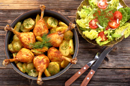 A 4K Ultra HD image of a meal featuring roasted chicken drumsticks with seasoned potatoes and a fresh salad with tomatoes on a rustic wooden table.