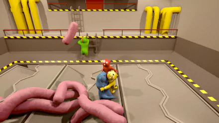 HD desktop wallpaper featuring characters from the game Gang Beasts, engaging in a playful fight in an industrial setting.