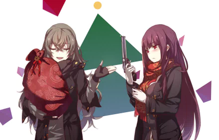 HD desktop wallpaper featuring WA2000 and UMP45 from the video game Girls Frontline, showcasing the characters with geometric shapes in the background.