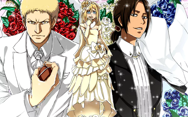 HD desktop wallpaper featuring Reiner Braun, Ymir, and Historia Reiss from Attack on Titan, dressed in formal attire against a background of red and blue roses.