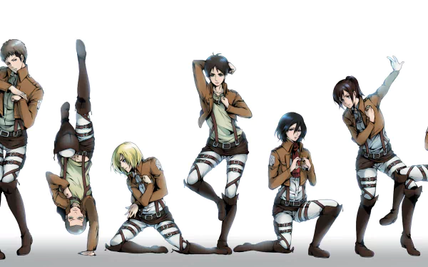 HD PC desktop wallpaper featuring key Attack on Titan characters including Eren Yeager, Mikasa Ackerman, Sasha Blouse, Reiner Braun, Jean Kirstein, and more in dynamic poses.