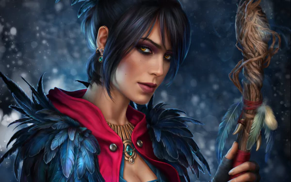 HD desktop wallpaper of Morrigan from Dragon Age, a short-haired witch holding a staff, set against a mystical, snowy background.