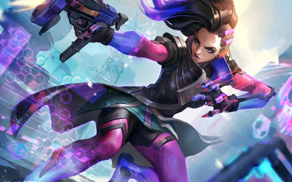 HD desktop wallpaper featuring Sombra from the video game Overwatch, showcasing her in an action pose with vivid colors and dynamic background elements.