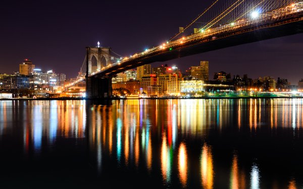 Man Made Brooklyn Bridge Bridges Bridge Night Light Reflection City New York HD Wallpaper | Background Image