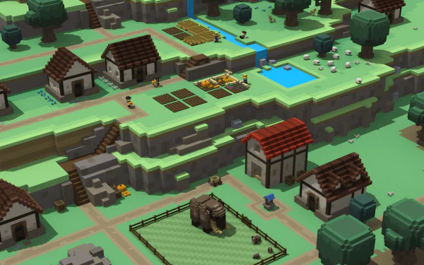 HD desktop wallpaper of Stonehearth game showcasing a voxel-based village with houses, fields, and villagers.