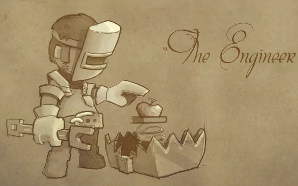 HD desktop wallpaper of a Stonehearth character titled The Engineer, featuring an animated engineer inspecting an apple next to a bear trap.