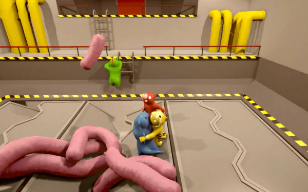HD desktop wallpaper featuring characters from the game Gang Beasts, engaging in a playful fight in an industrial setting.