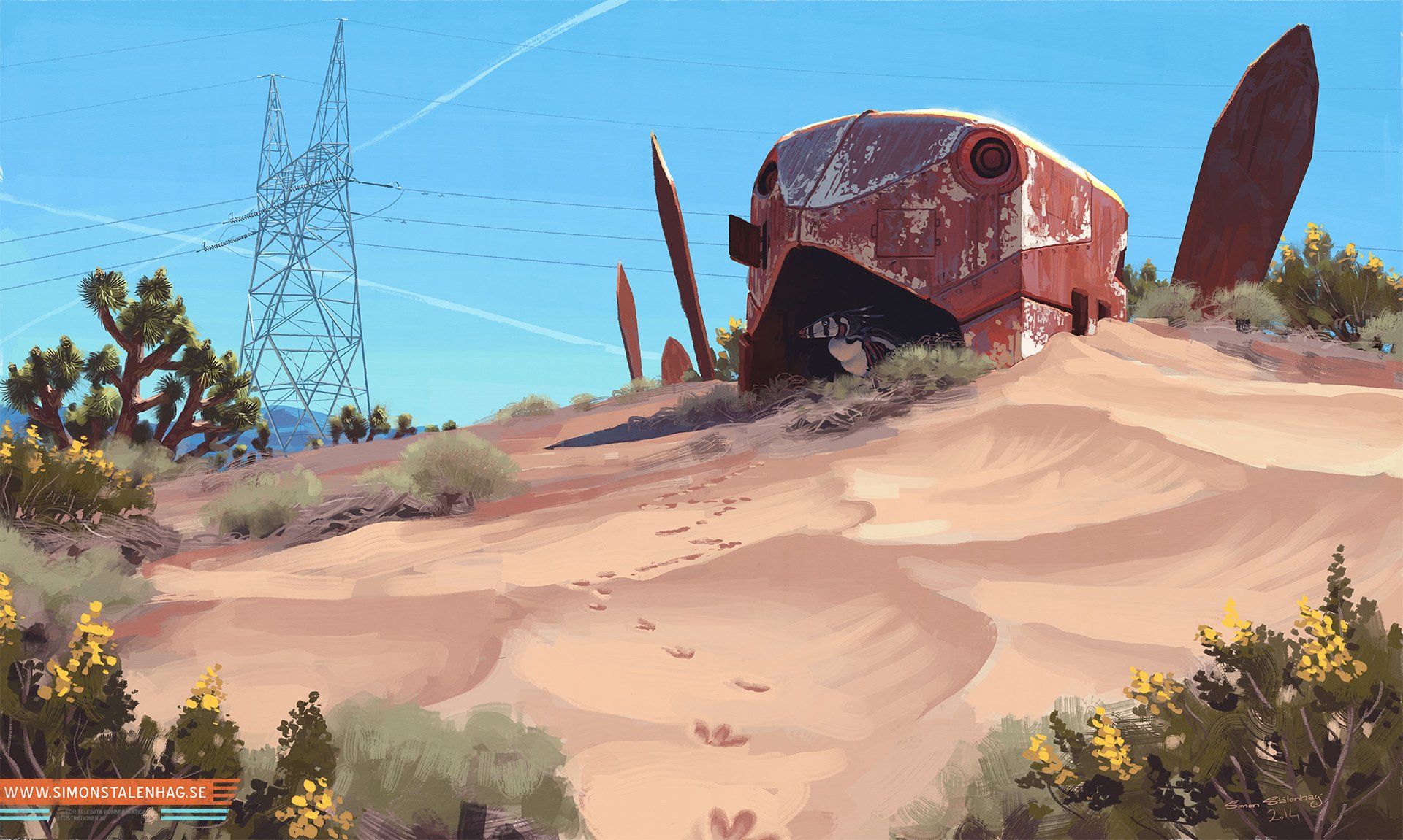 HD fantasy desktop wallpaper of a desert scene with sand, cacti, animal tracks, and a rusted structure resembling a giant animal head. Power lines stand in the distance, adding to the deserted landscape.