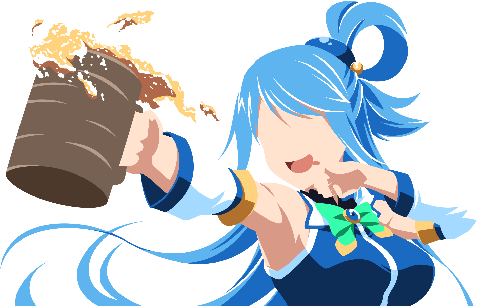 Aqua from KonoSuba — KonoSuba: God’s blessing on this wonderful world!! anime 8K Ultra HD PC desktop wallpaper: blue-haired Aqua cheerfully raising a frothy mug.