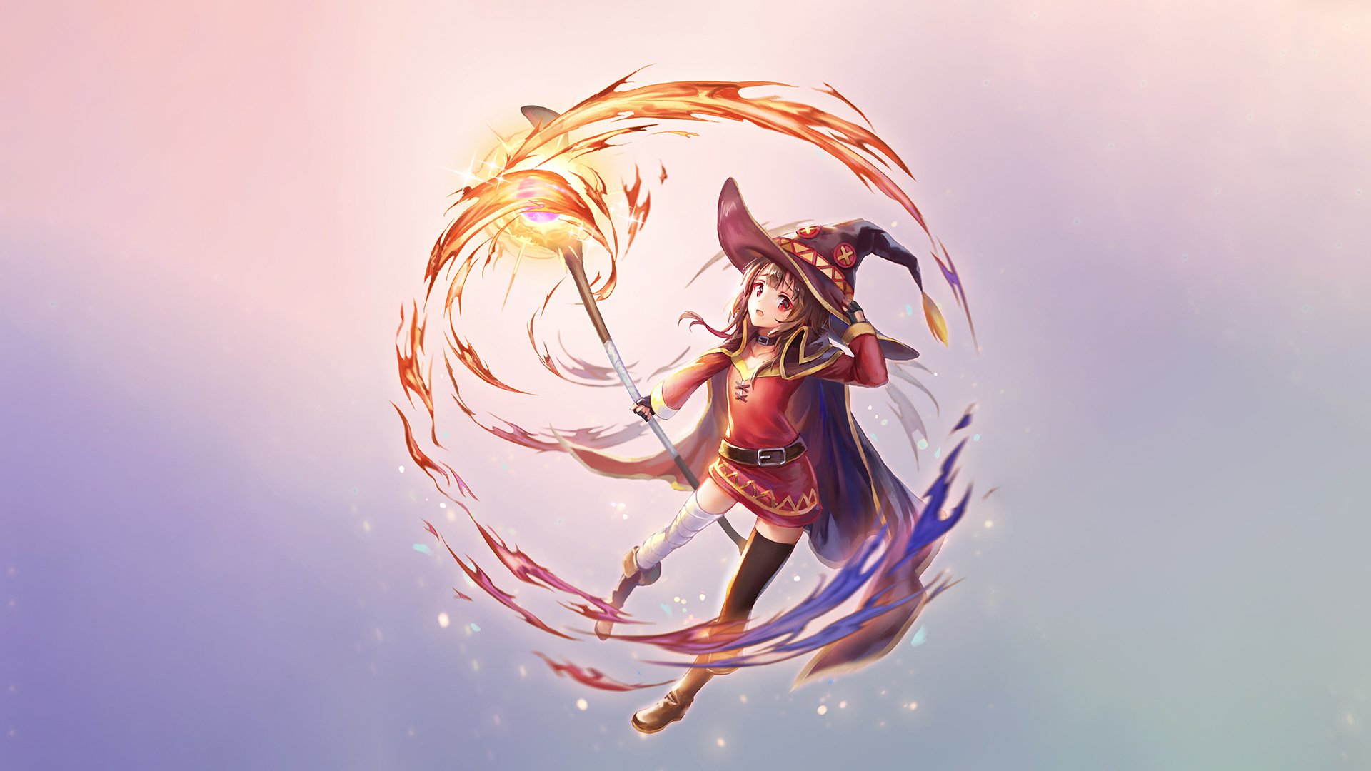 HD desktop wallpaper featuring Megumin from KonoSuba - God's Blessing on This Wonderful World!!, casting a powerful spell against a pastel gradient background.