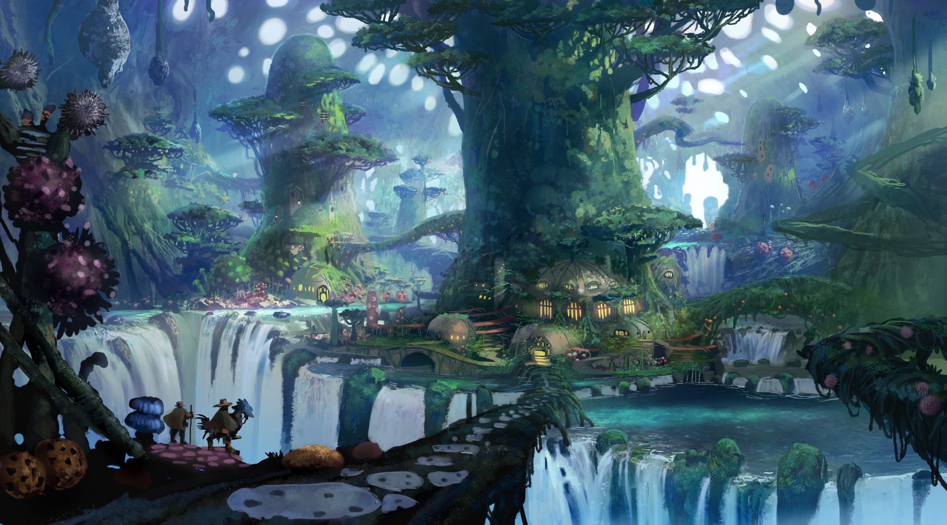 HD fantasy desktop wallpaper of a magical forest town with waterfalls, large trees, and whimsical structures scattered throughout.