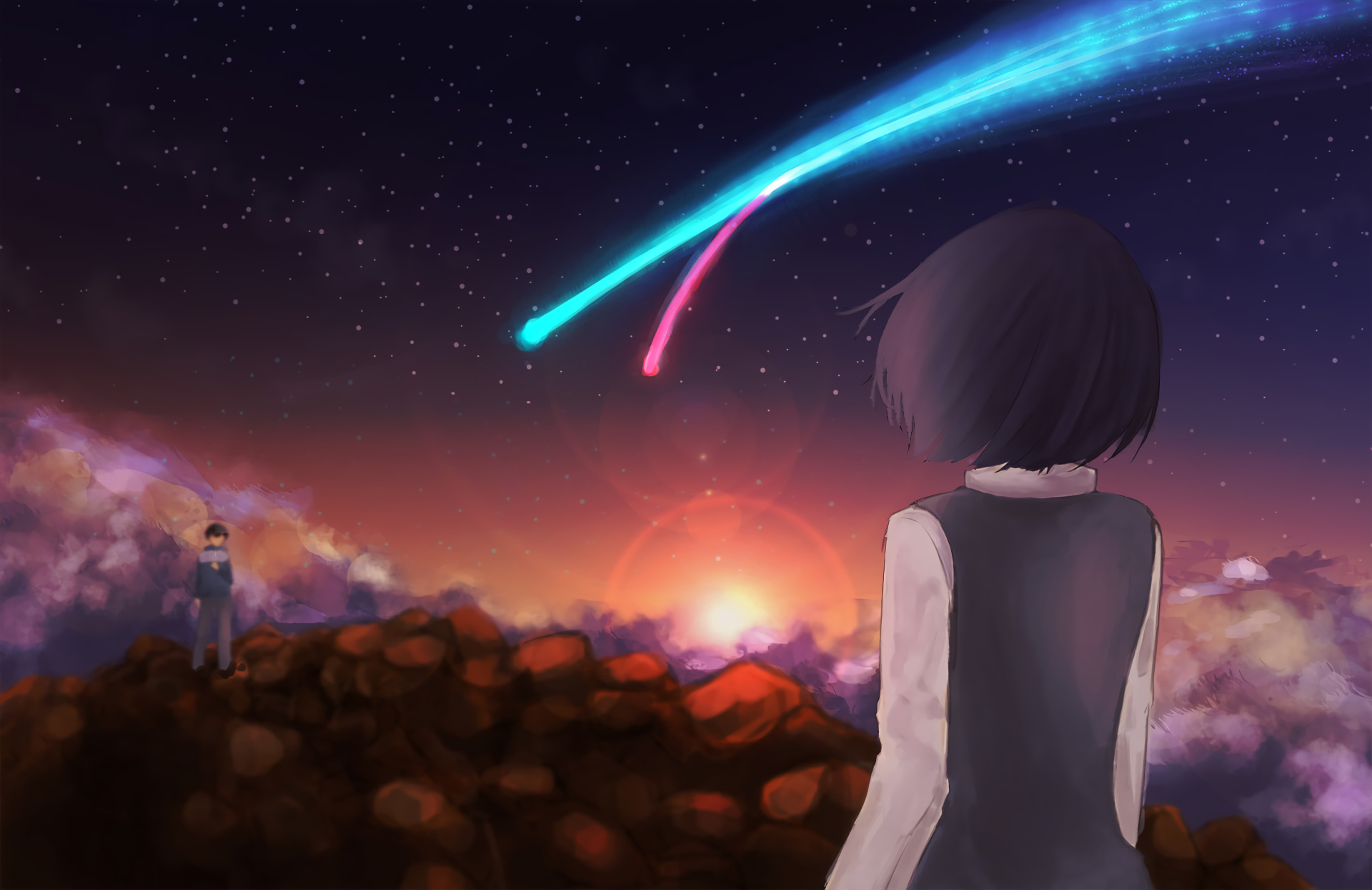 HD anime desktop wallpaper featuring Taki Tachibana and Mitsuha Miyamizu from Your Name. watching vibrant comet trails illuminate the twilight sky.