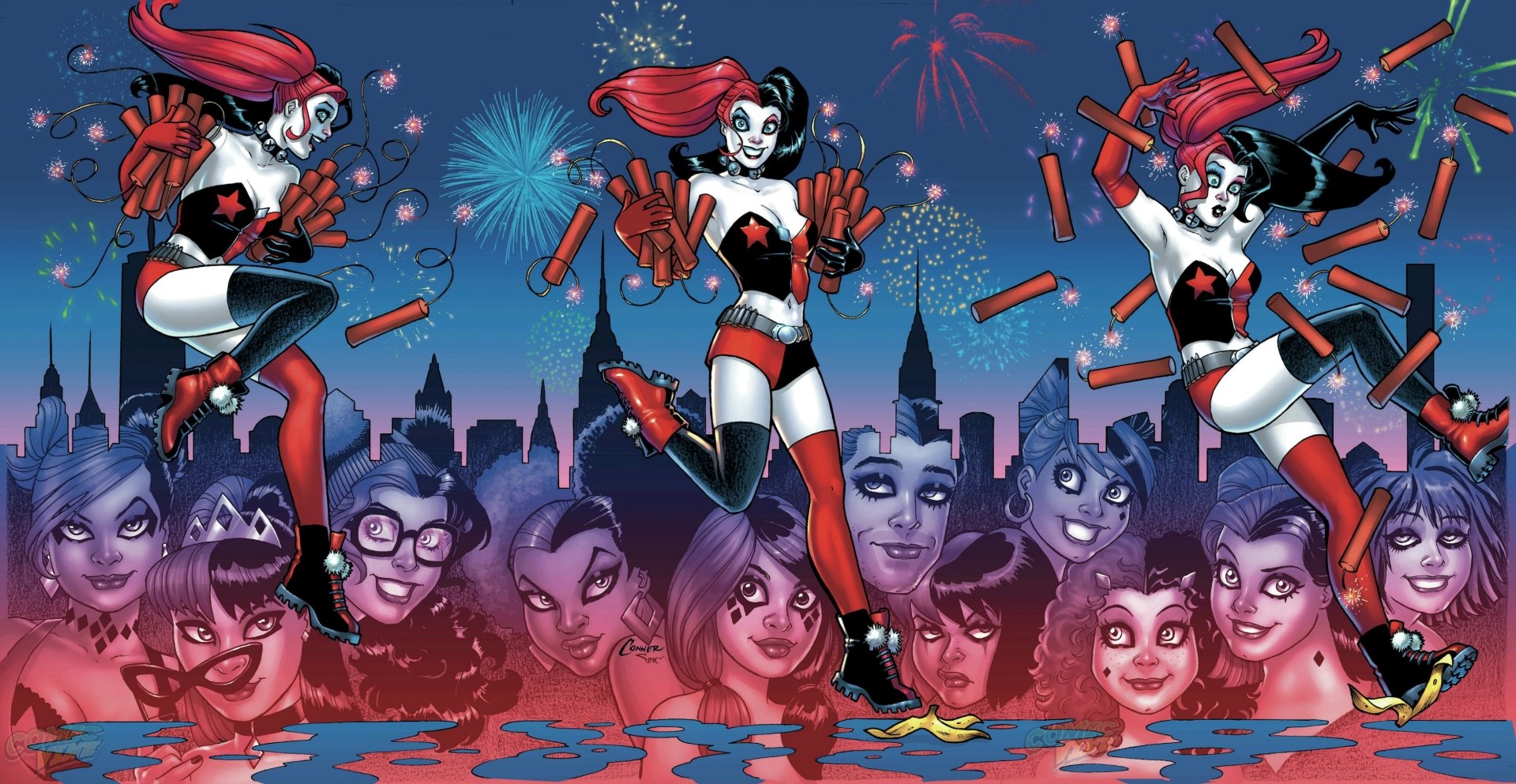HD PC desktop wallpaper featuring comic-style Harley Quinn in dynamic poses with fireworks and a city skyline background.