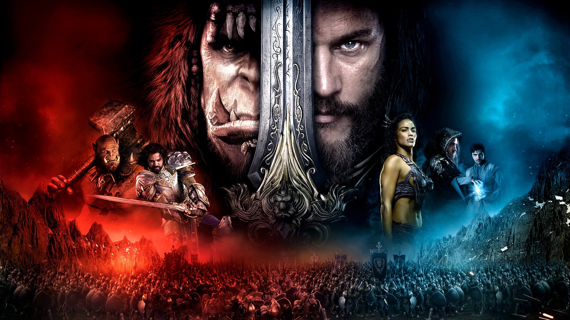 HD PC desktop wallpaper featuring key characters from the Warcraft movie, divided by a central sword with fiery red and icy blue battle scenes on either side.