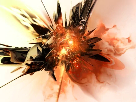 Abstract CGI artwork featuring dark, spiky shapes and bright orange highlights, set against a white background. This HD image serves as a striking desktop wallpaper and background.