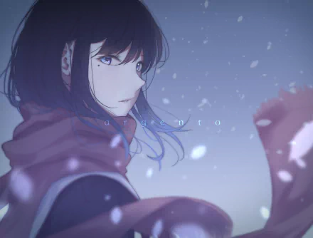 Anime-inspired HD wallpaper featuring a serene character with dark hair and a red scarf, set against a soft, snowy background, evoking a tranquil atmosphere.