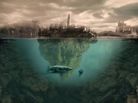 Fantasy underwater town with a diver and shark exploring beneath a floating rocky island, blending surreal photography and digital manipulation in HD desktop wallpaper style.