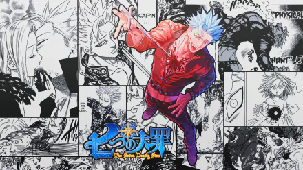 HD anime wallpaper featuring Ban from The Seven Deadly Sins, with a vibrant, colorful Ban overlaid on a background of monochrome manga panels.