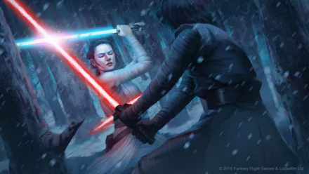 Rey and Kylo Ren clash with blue and red lightsabers in a snowy forest in this HD wallpaper from Star Wars Episode VII: The Force Awakens.