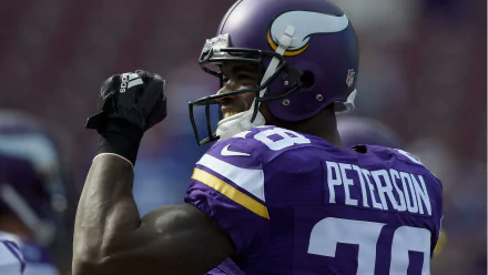 HD wallpaper of a player in a purple Vikings jersey with PETERSON on the back, poised for action on the field.