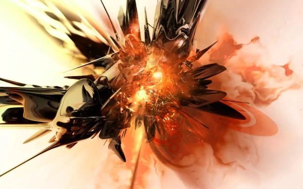 Abstract CGI artwork featuring dark, spiky shapes and bright orange highlights, set against a white background. This HD image serves as a striking desktop wallpaper and background.