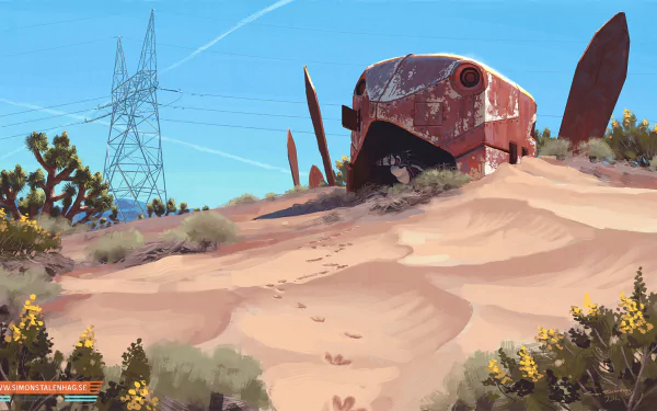 HD fantasy desktop wallpaper of a desert scene with sand, cacti, animal tracks, and a rusted structure resembling a giant animal head. Power lines stand in the distance, adding to the deserted landscape.