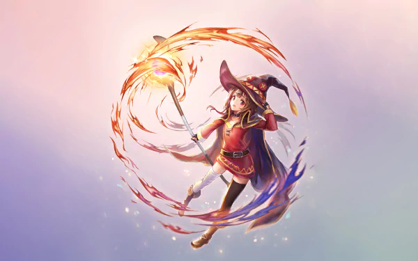 HD desktop wallpaper featuring Megumin from KonoSuba - God's Blessing on This Wonderful World!!, casting a powerful spell against a pastel gradient background.
