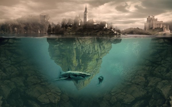 Photography Manipulation Shark Diver Underwater Town Fantasy HD Wallpaper | Background Image