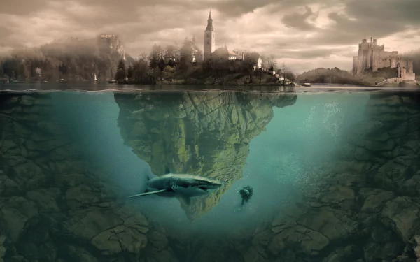 Fantasy underwater town with a diver and shark exploring beneath a floating rocky island, blending surreal photography and digital manipulation in HD desktop wallpaper style.