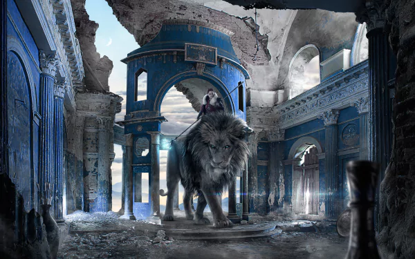 An HD wallpaper depicts a woman warrior and a lion standing in a grandiose ruin with intricate blue columns, evoking a powerful fantasy scene.