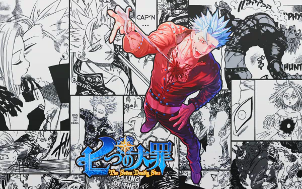 HD anime wallpaper featuring Ban from The Seven Deadly Sins, with a vibrant, colorful Ban overlaid on a background of monochrome manga panels.