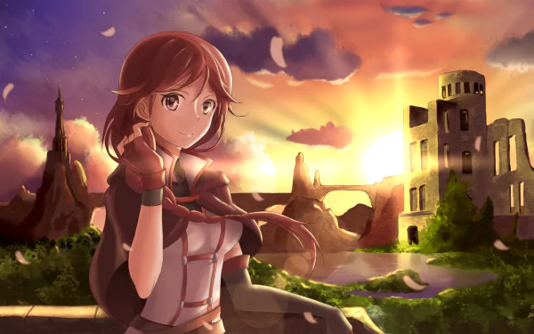 HD anime desktop wallpaper featuring Yume from Grimgar of Fantasy and Ash, with a vibrant sunset and ruined stone buildings in the background.