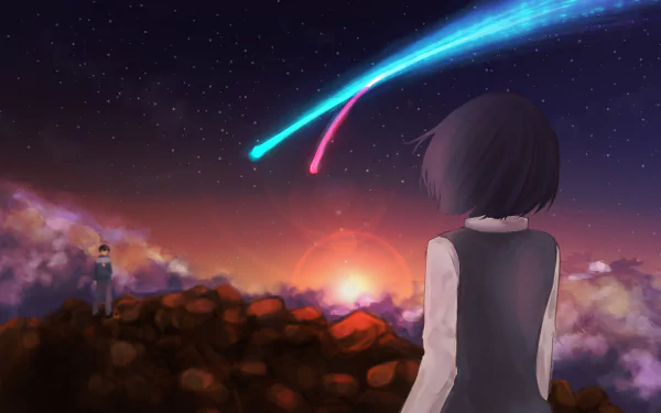 HD anime desktop wallpaper featuring Taki Tachibana and Mitsuha Miyamizu from Your Name. watching vibrant comet trails illuminate the twilight sky.