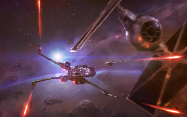 HD desktop wallpaper featuring an intense Star Wars space battle between a TIE Fighter and an X-Wing, set against a backdrop of a distant galaxy and stars.