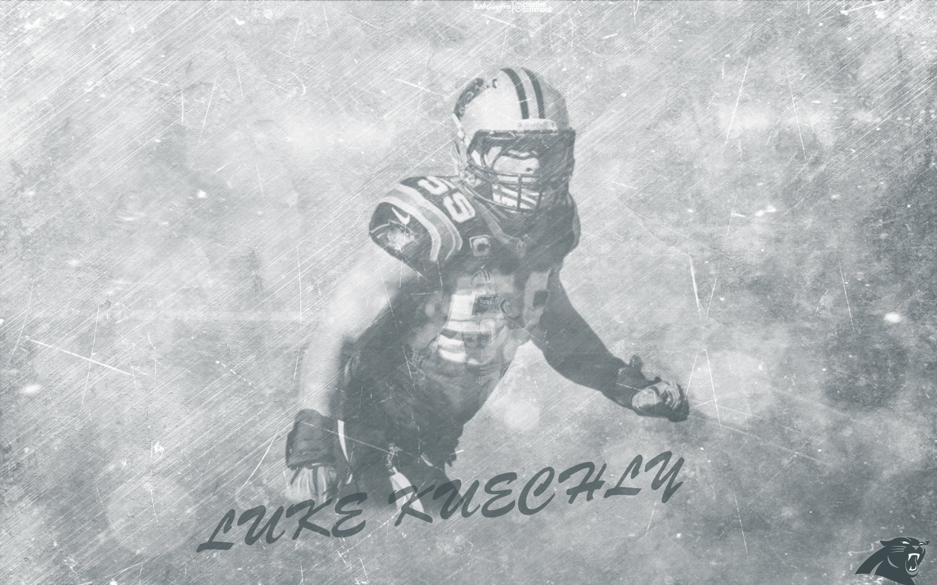 HD desktop wallpaper featuring a monochromatic image of a football player in action with the text Luke Kuechly prominently displayed.