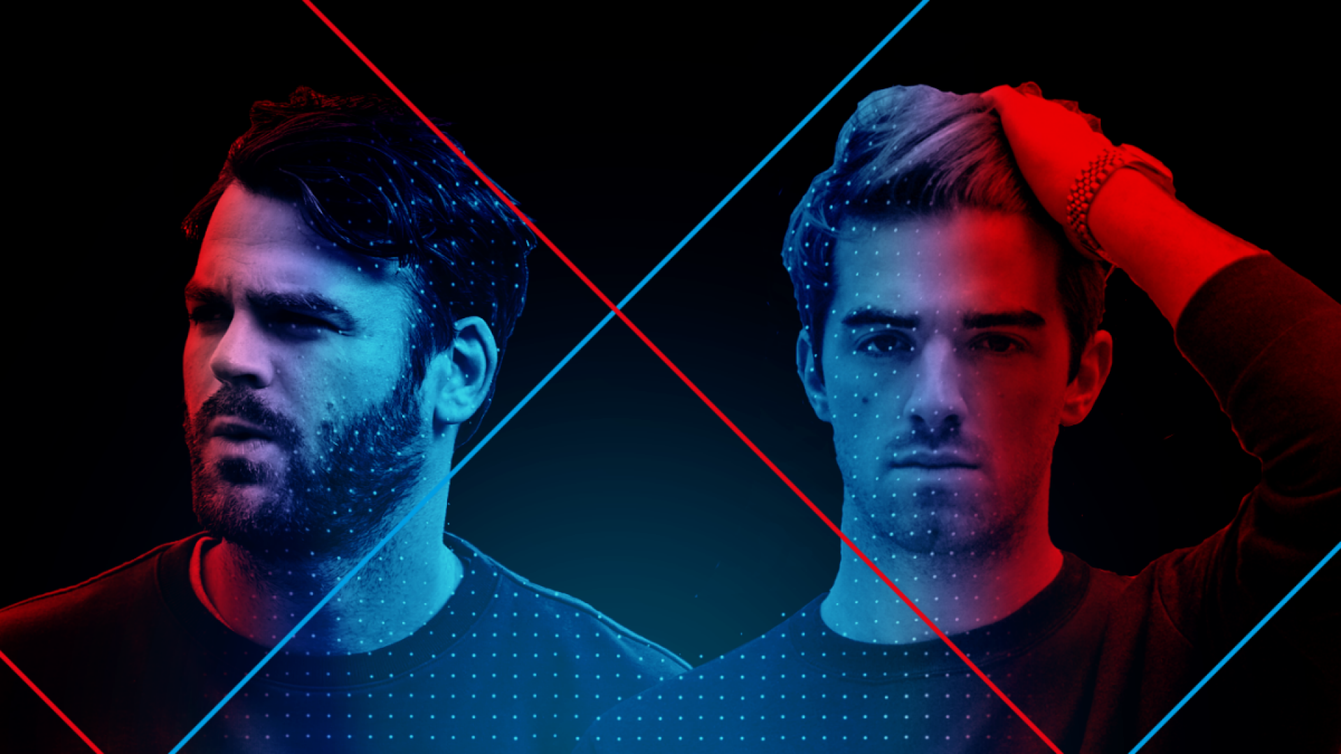 HD wallpaper featuring a stylized dual portrait of The Chainsmokers with a blue and red neon overlay, suitable as a desktop background.
