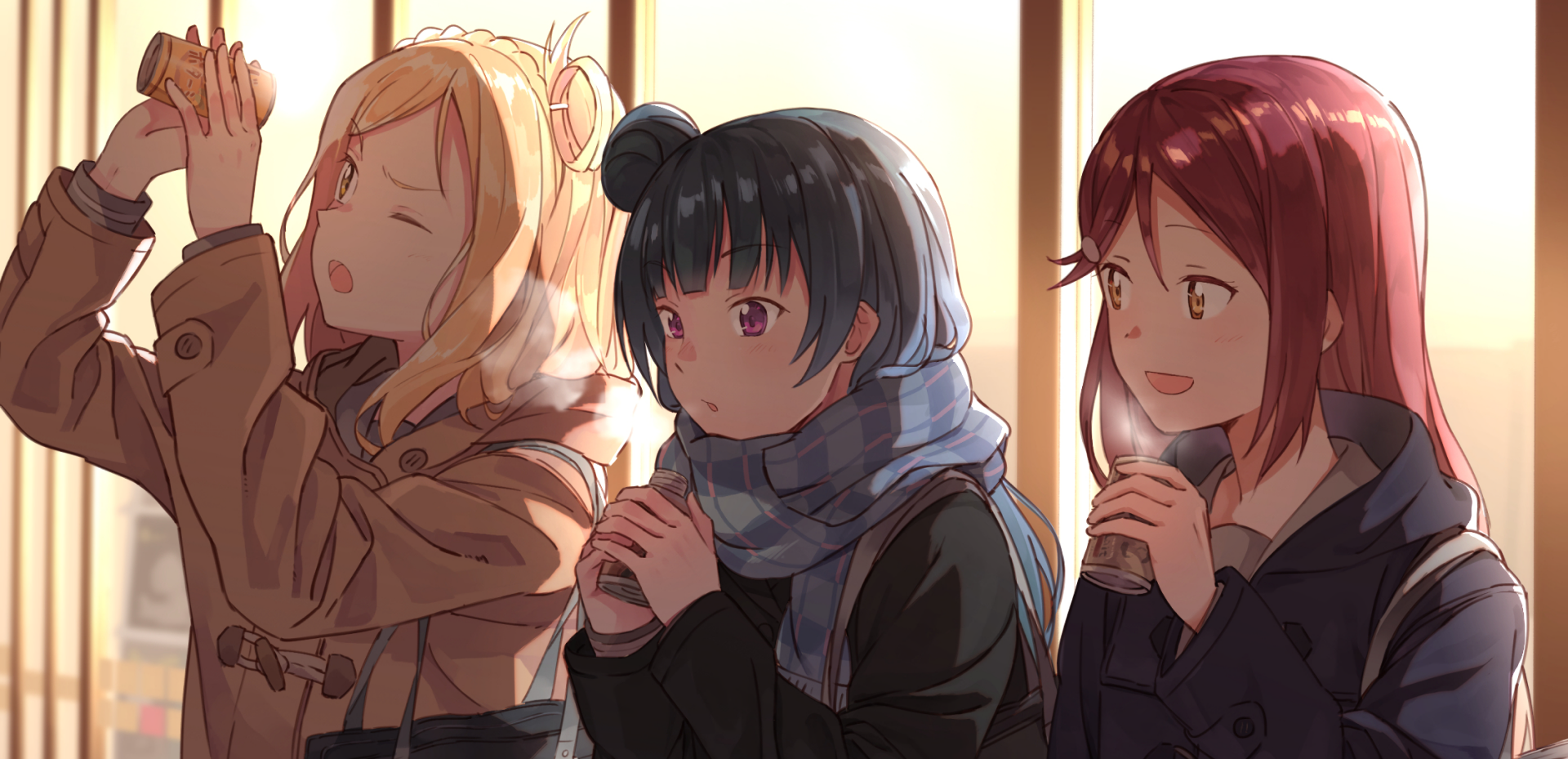 A vibrant HD desktop wallpaper featuring Yoshiko Tsushima, Riko Sakurauchi, and Mari Ohara from the anime Love Live! Sunshine!!, warmly dressed and enjoying drinks against a softly lit background.