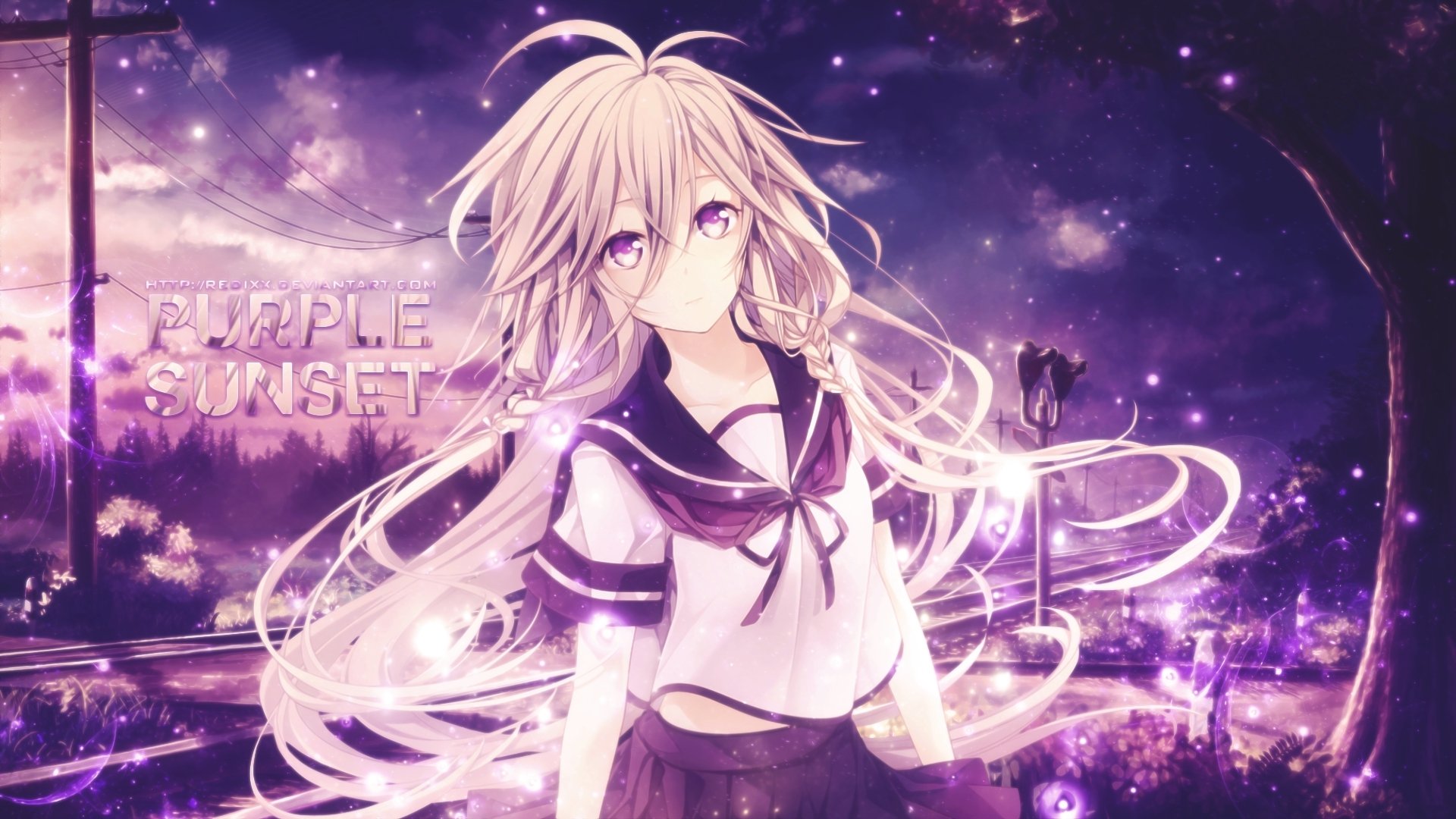 HD PC desktop wallpaper featuring IA from Vocaloid in an anime style, set against a vibrant purple sunset background.