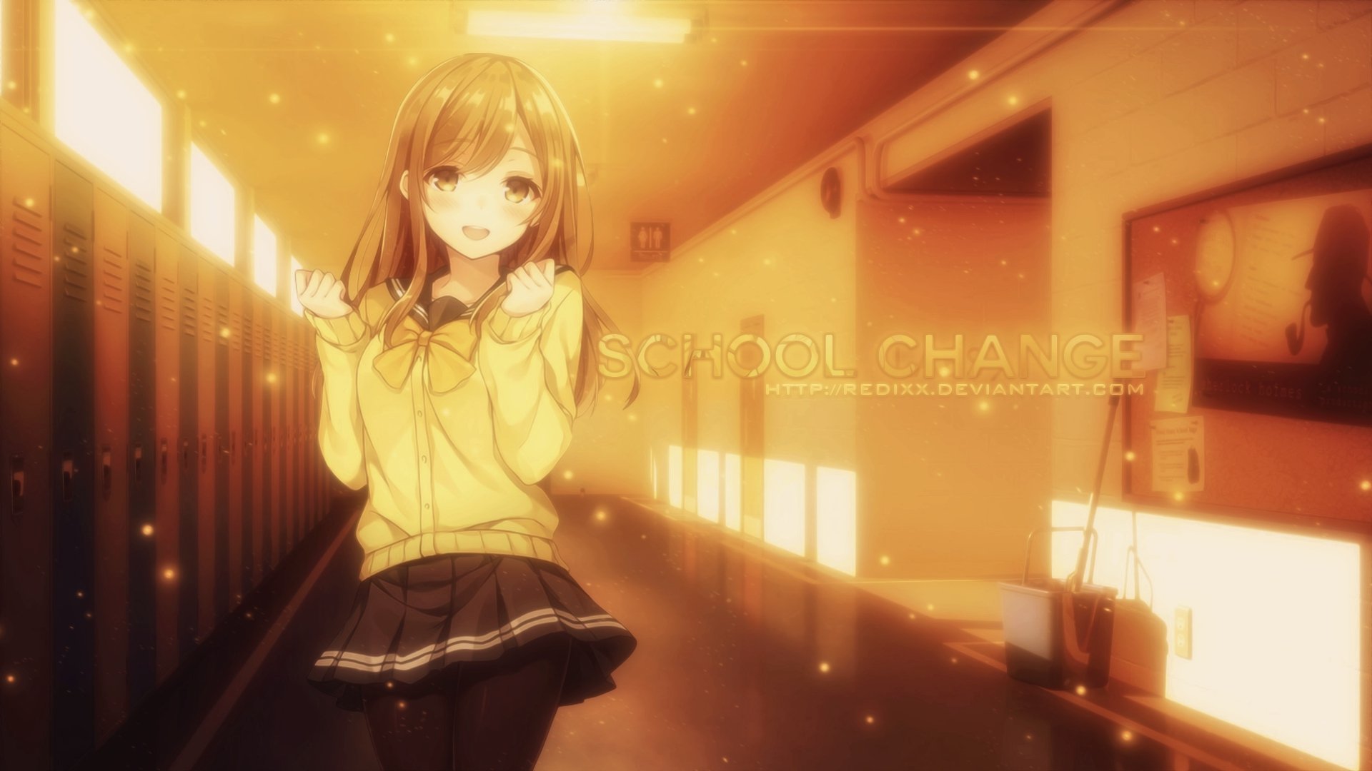 HD anime-style original artwork of a smiling girl in school uniform standing in a warmly lit hallway, designed as a PC desktop wallpaper and background.