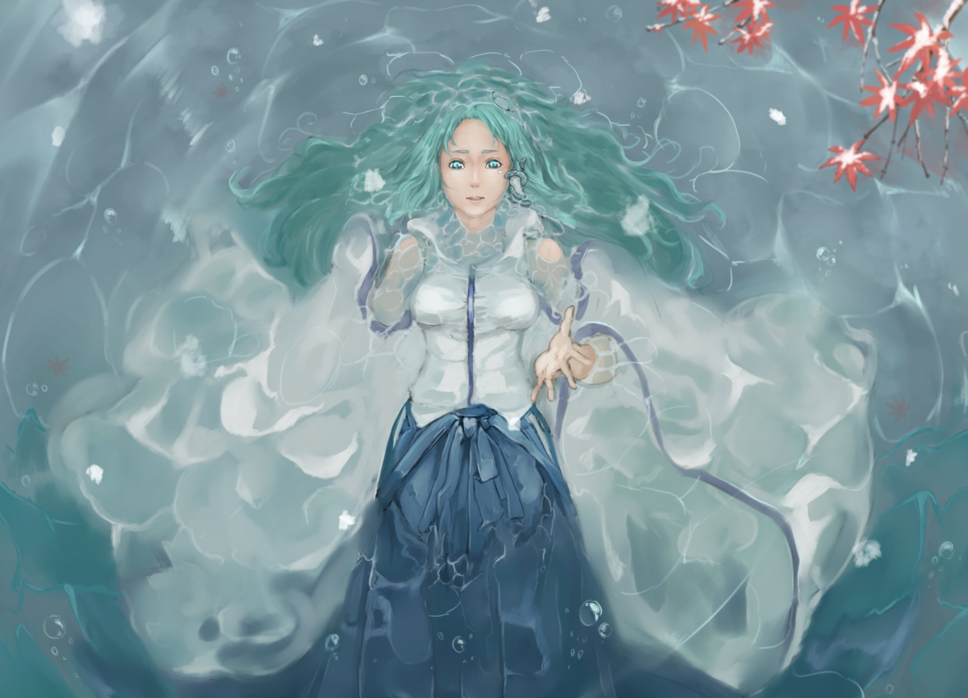 Sanae Kochiya (Touhou) anime 2K Quad HD PC wallpaper — green‑haired shrine maiden floats in swirling water, white top and blue skirt, hand reaching toward red maple leaves.