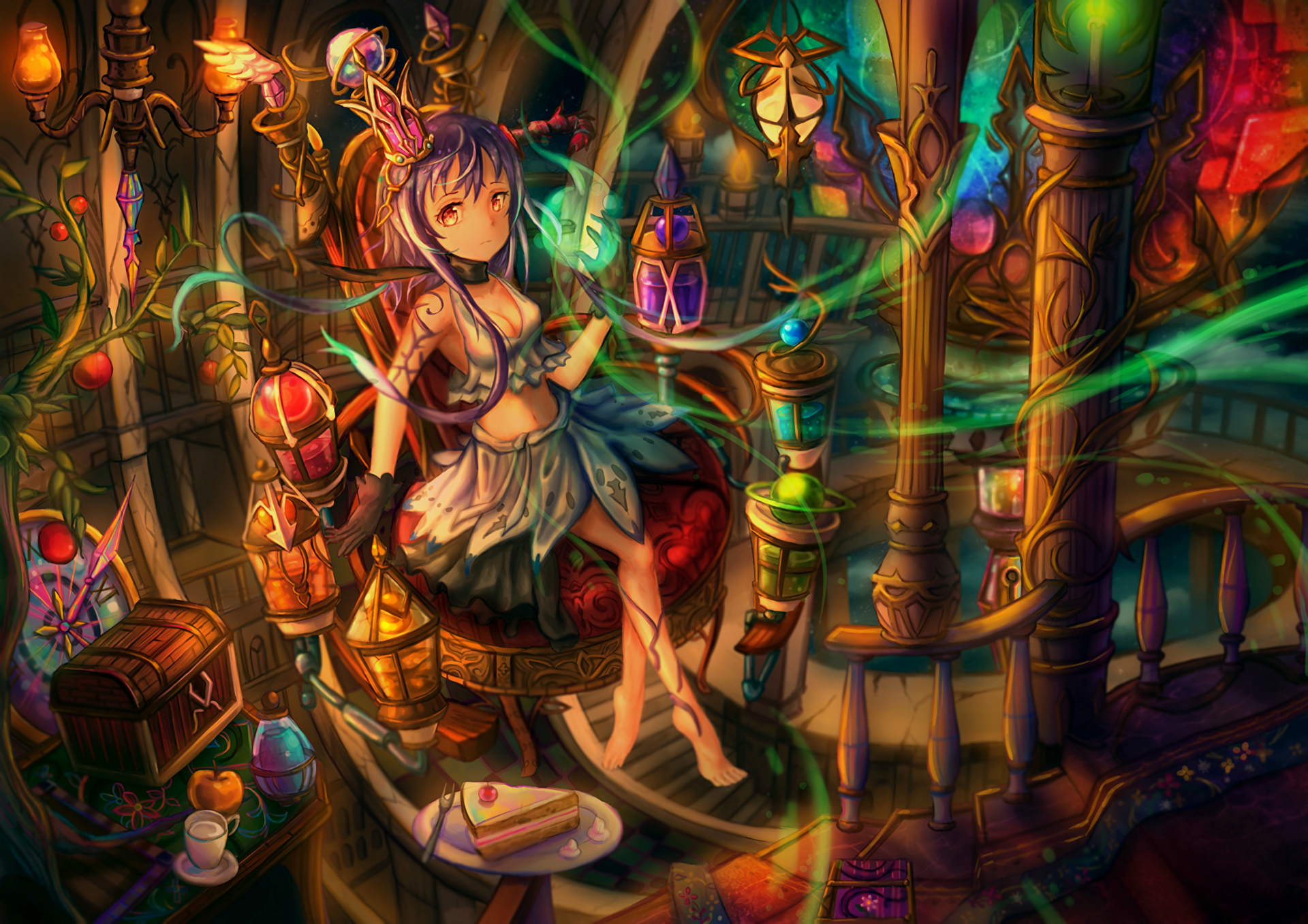 HD anime desktop wallpaper and background featuring an original character in a vibrant, mystical setting with rich colors and intricate details. A serene girl sits surrounded by magical objects.