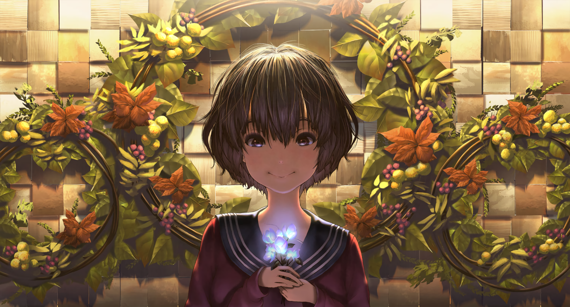 HD anime original desktop wallpaper featuring a girl with short dark hair holding glowing flowers, surrounded by vibrant autumn leaves and wreaths on a tiled background.